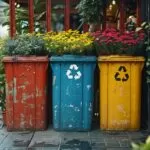 Three recycling bins are placed in a row on the sidewalk, showing a commitment to recycling and waste management in the area